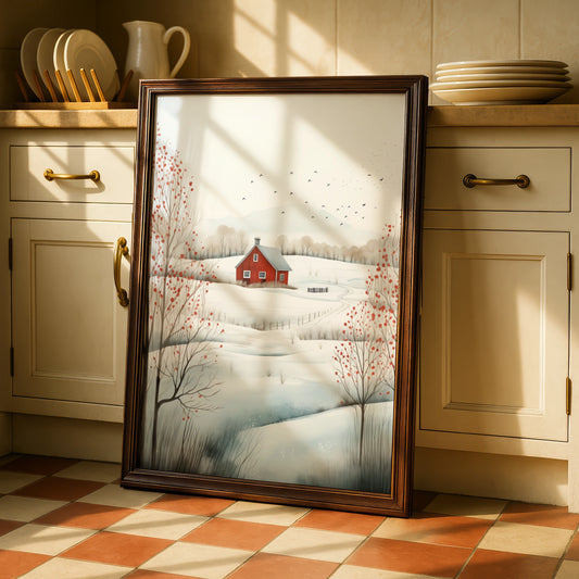 Christmas Winter Landscape Poster, Red Barn Snow Scene, Scandi Farmhouse Wall Art Print