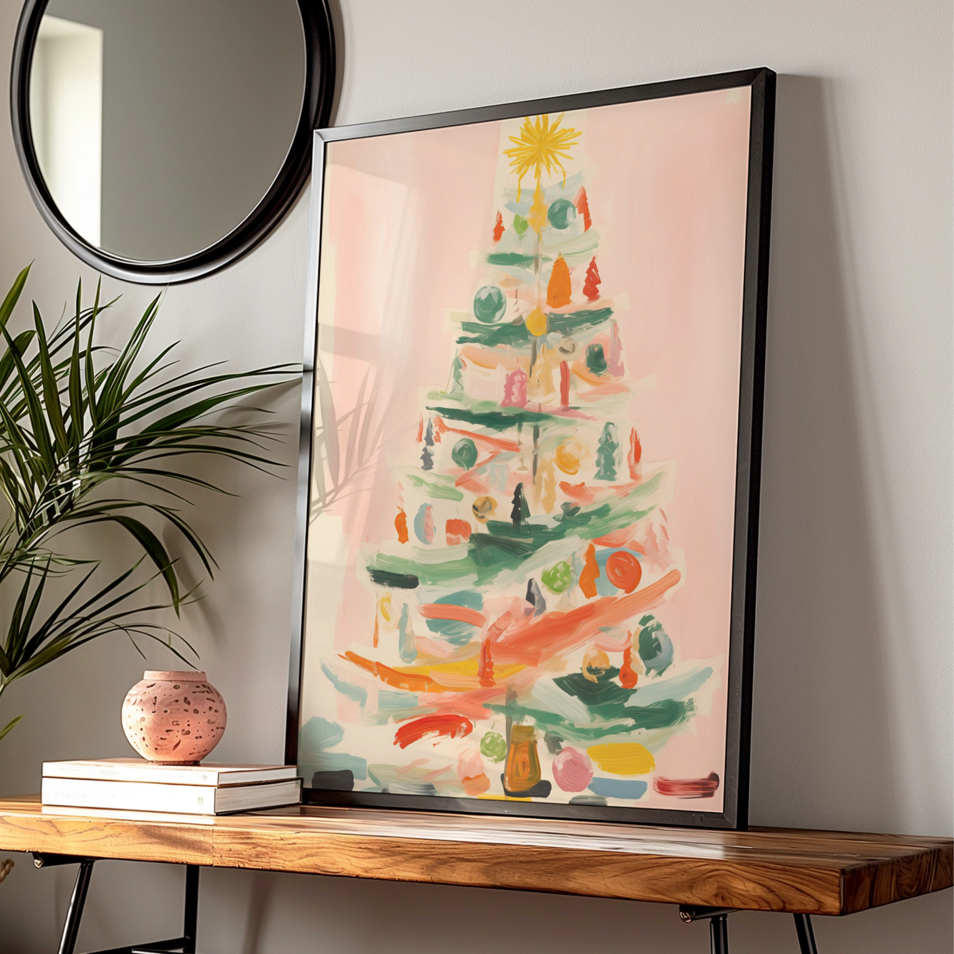 Christmas Tree Poster, Colourful Abstract Xmas Wall Art, Festive Holiday Print, Pastel Pink Decor