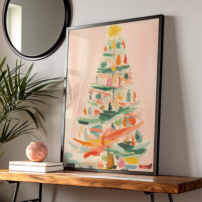 Christmas Tree Poster, Colourful Abstract Xmas Wall Art, Festive Holiday Print, Pastel Pink Decor