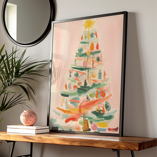 Christmas Tree Poster, Colourful Abstract Xmas Wall Art, Festive Holiday Print, Pastel Pink Decor