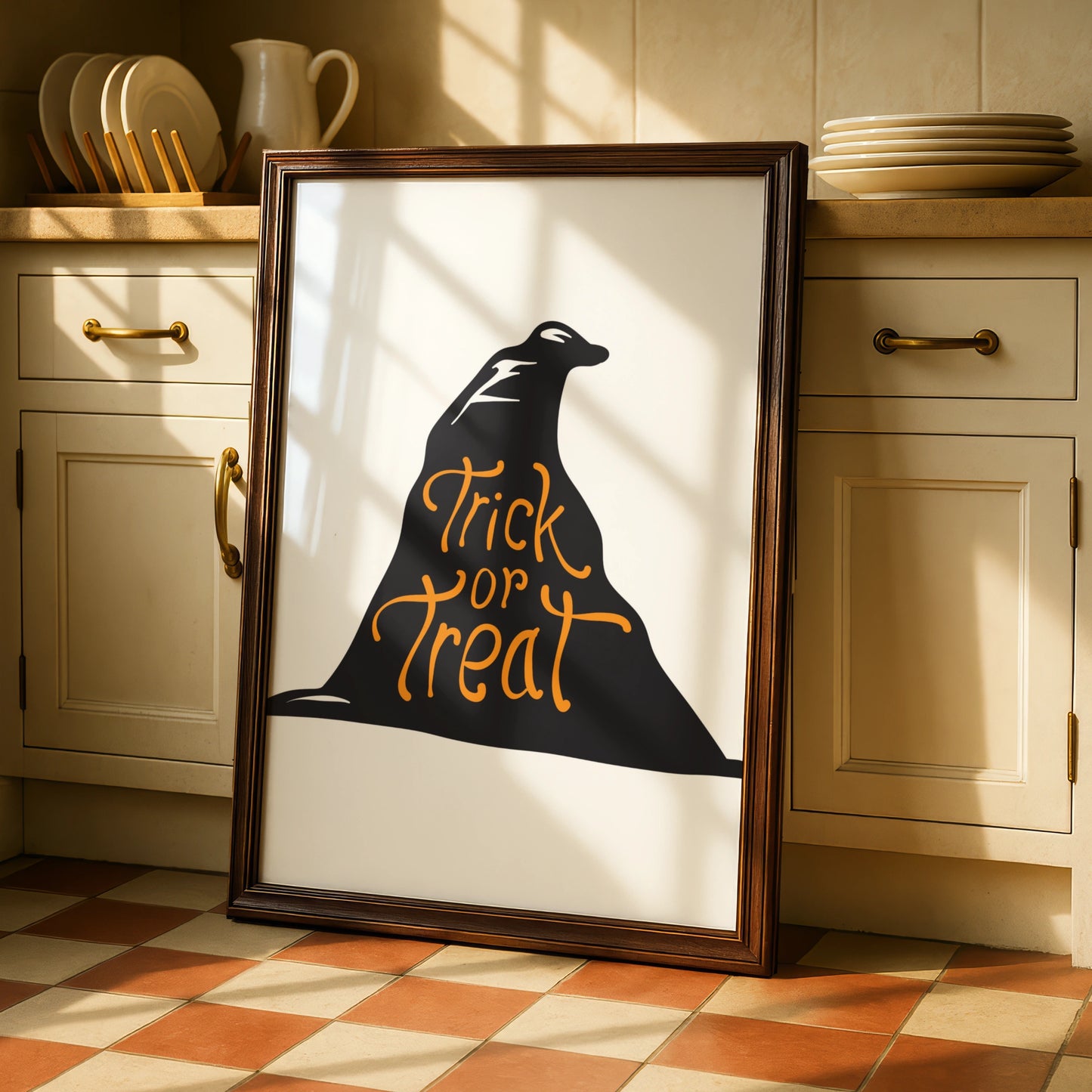 Trick or Treat Halloween Poster, Witch Hat Wall Art, Black Orange Spooky Print