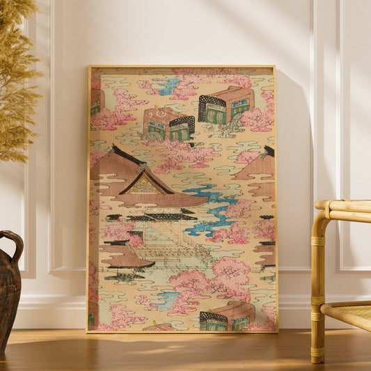 Vintage Japanese Woodblock Wall Art, Cherry Blossom Temple Print, Japandi Poster – A5 print