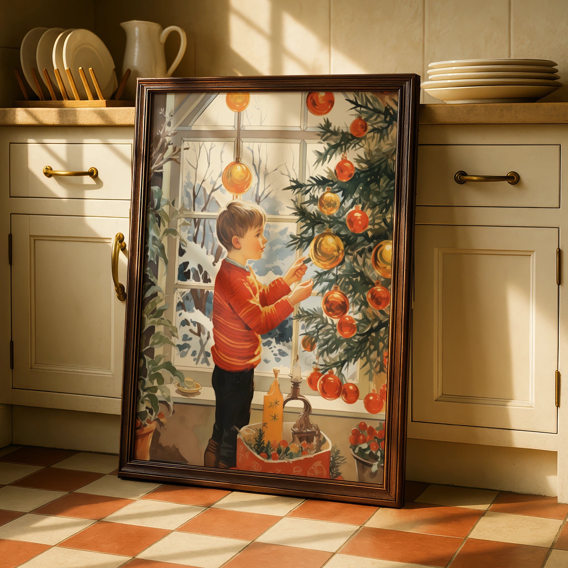 Christmas Tree Decoration Poster, Boy Hanging Baubles, Festive Retro Wall Art Print