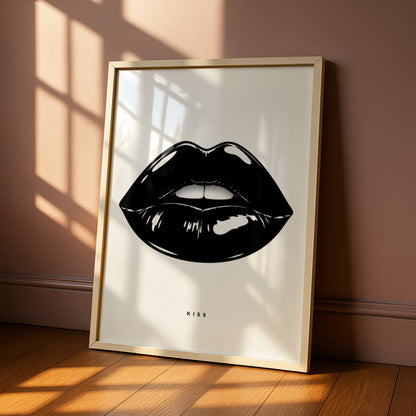 Kiss Lips Print, Monochrome Wall Art, Black and White Poster, Minimalist Lip Art