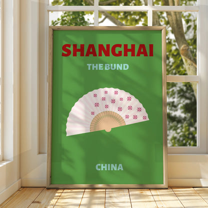 Shanghai The Bund Travel Poster, China Wall Art, Retro Chinese Fan Print