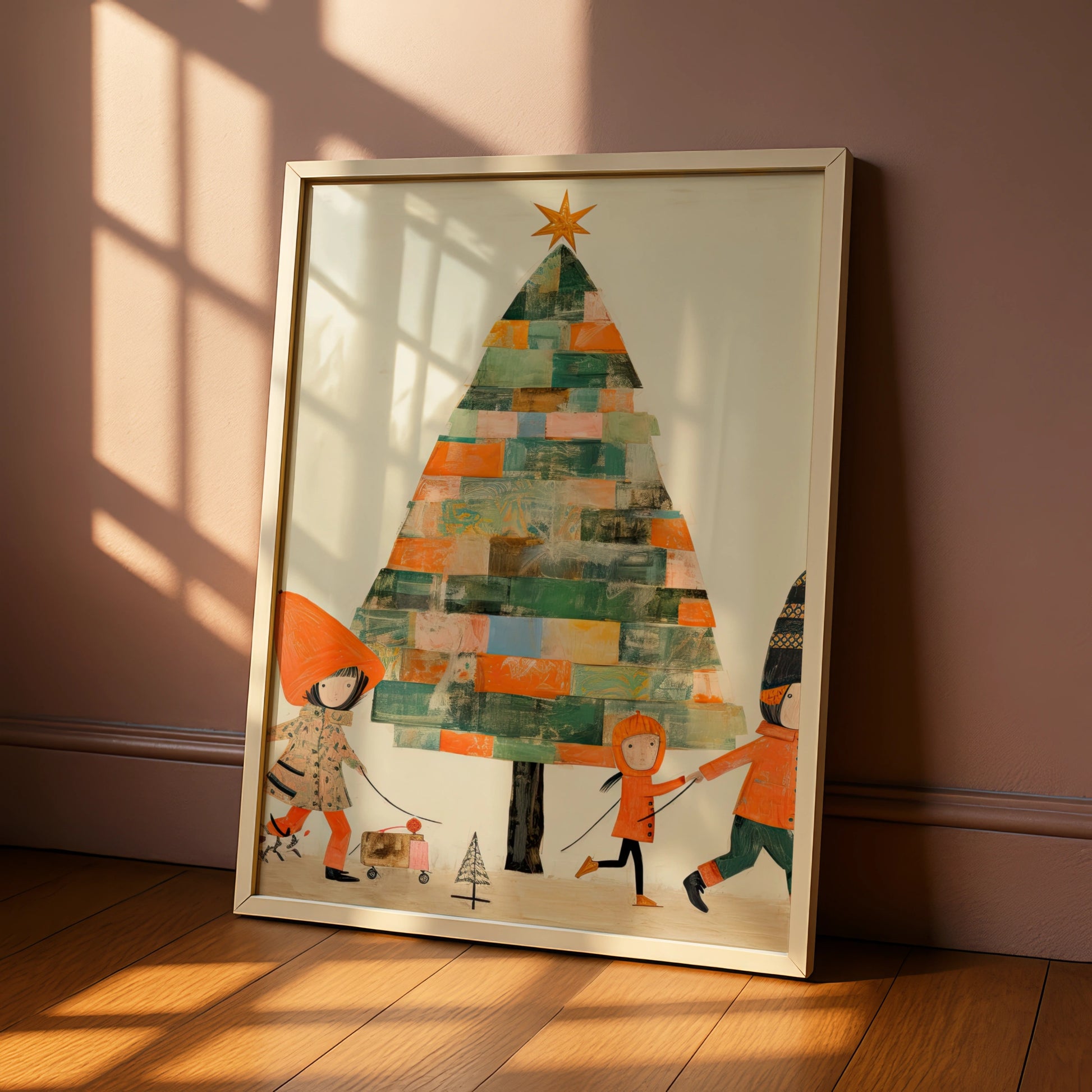 Christmas Tree Poster, Colourful Collage Kids Festive Wall Art, Retro Xmas Print