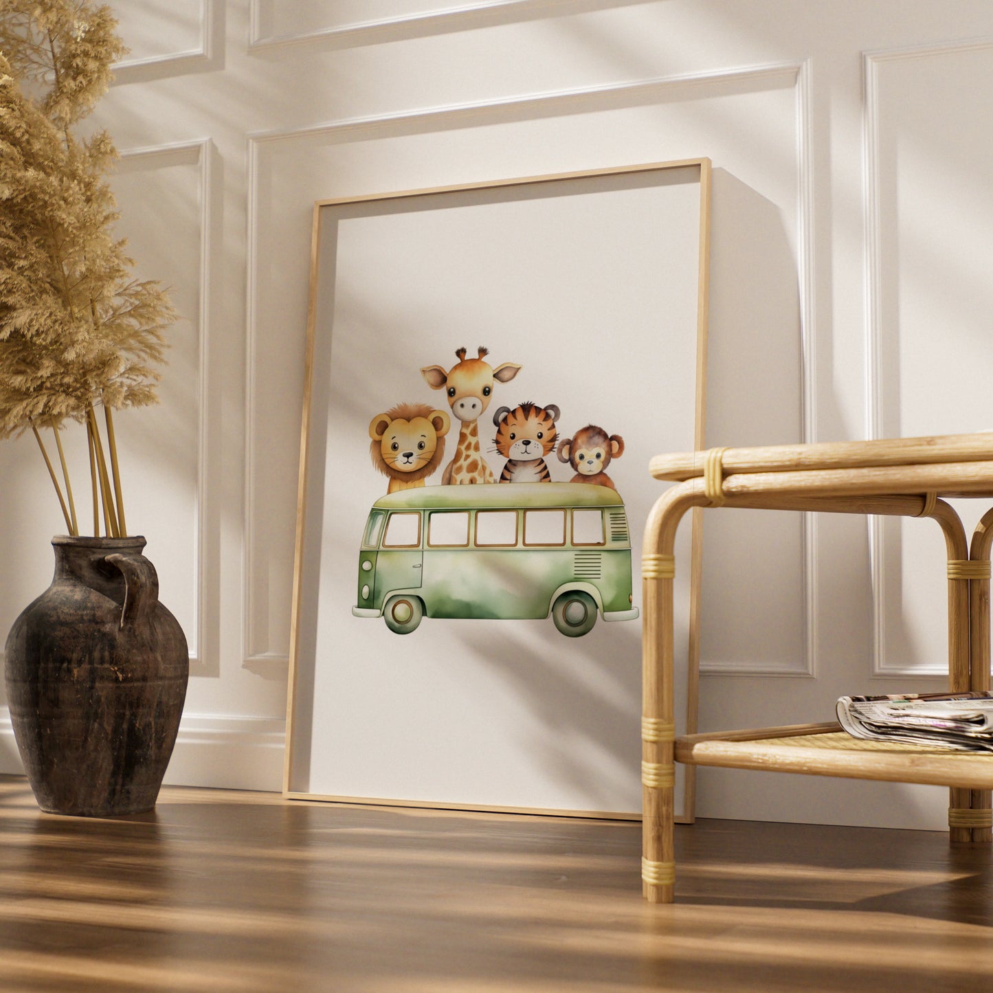 Safari Animals Nursery Wall Art, Cute Bus Print, Lion Giraffe Tiger Monkey Poster