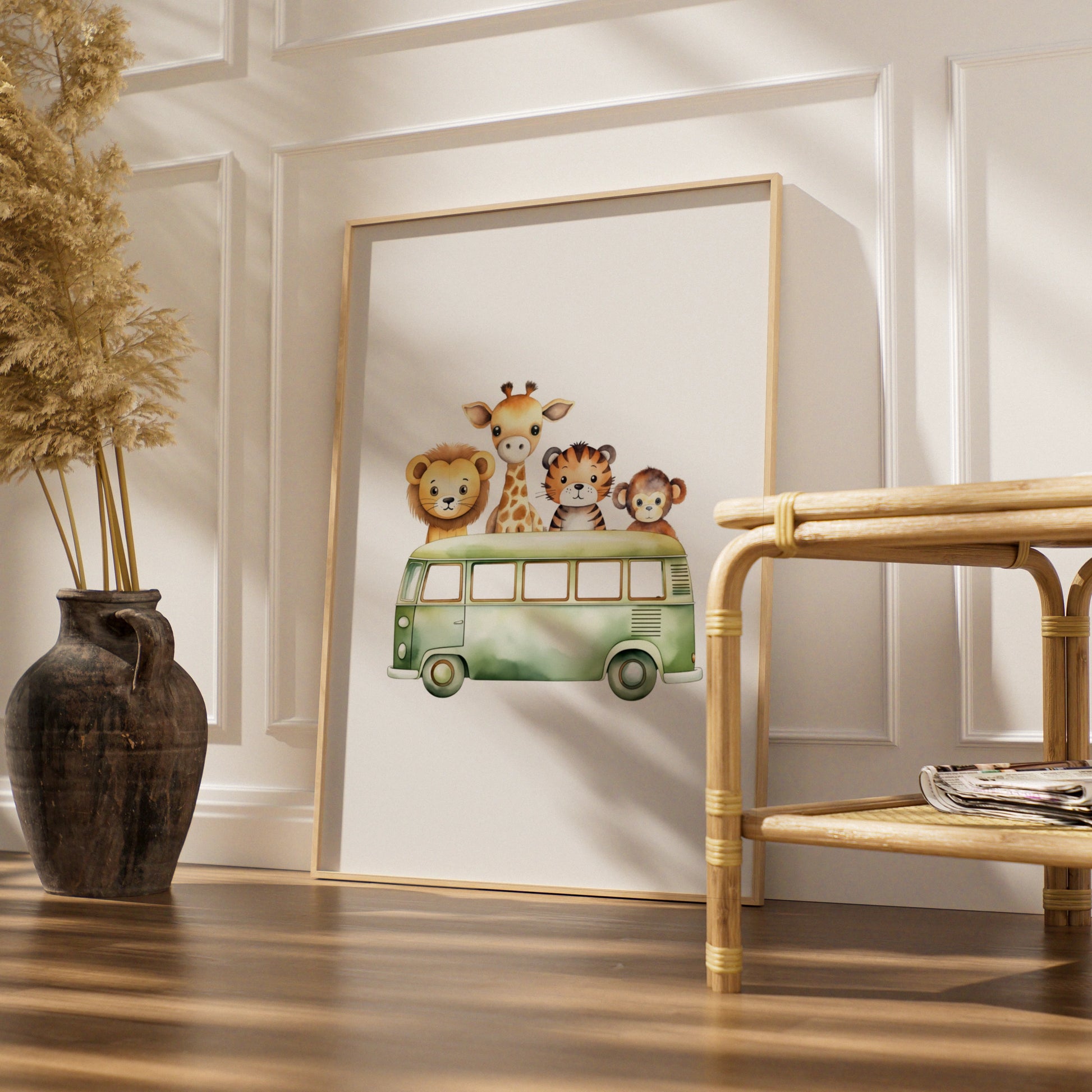 Safari Animals Nursery Wall Art, Cute Bus Print, Lion Giraffe Tiger Monkey Poster