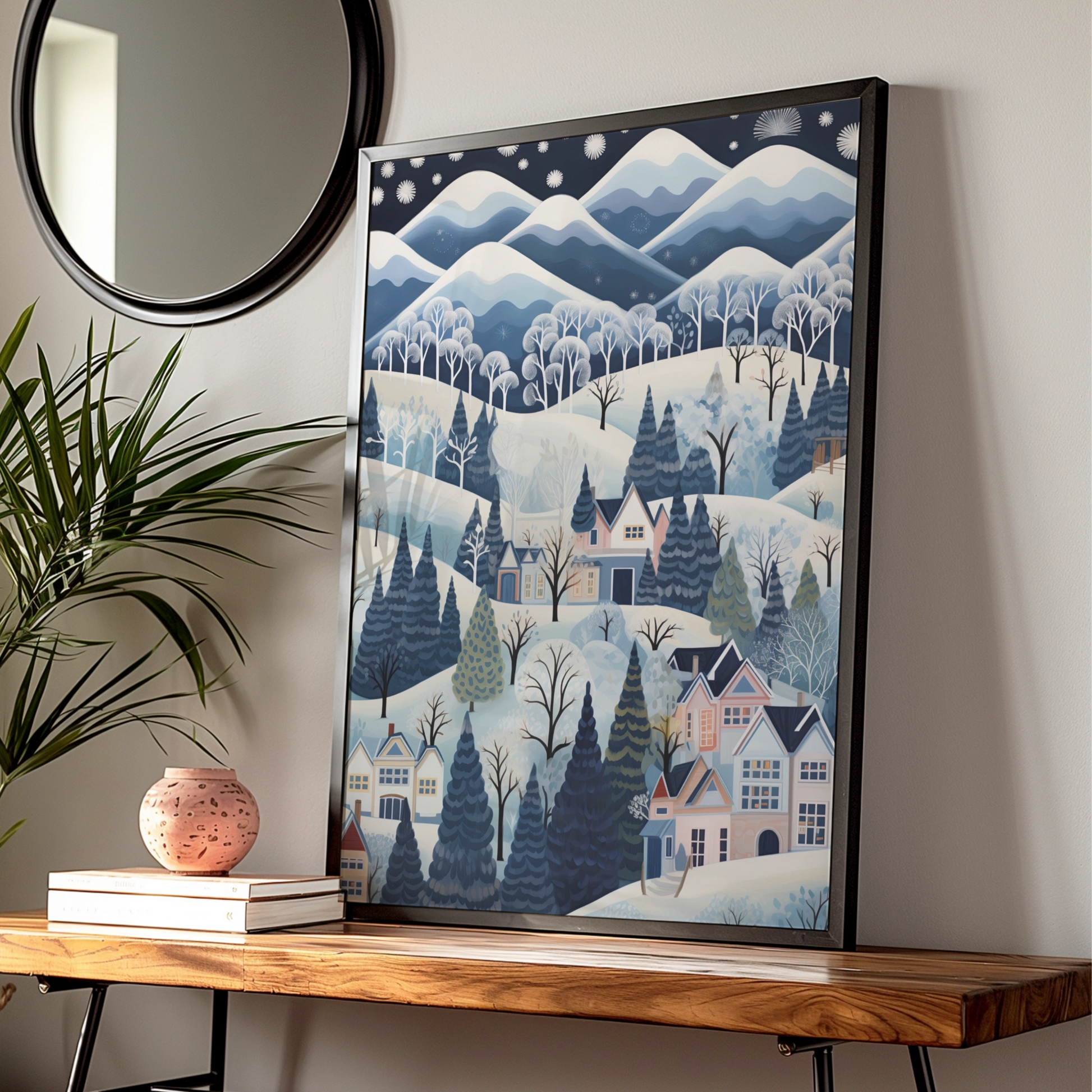 Christmas Winter Village Poster, Snowy Scene Wall Art, Blue festive Print, Holiday Home Decor
