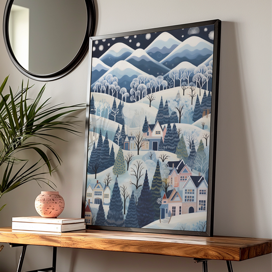 Christmas Winter Village Poster, Snowy Scene Wall Art, Blue festive Print, Holiday Home Decor
