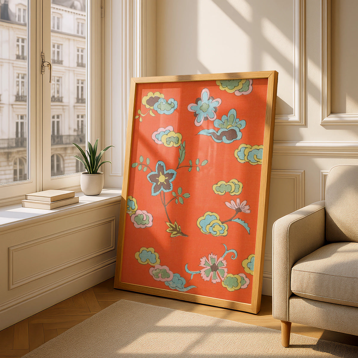 Vintage Japanese Botanical Print, Floral Woodblock Wall Art, Orange Japandi Poster – A5 Oak frame