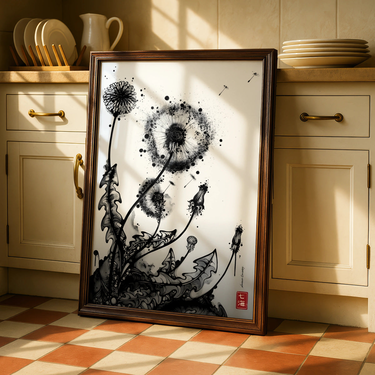Dandelion Ink Art Print, Black and White Botanical Poster, Monochrome Wall Art, Modern Floral Decor