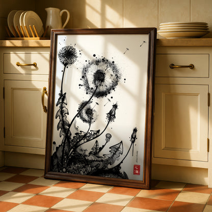 Dandelion Ink Art Print, Black and White Botanical Poster, Monochrome Wall Art, Modern Floral Decor
