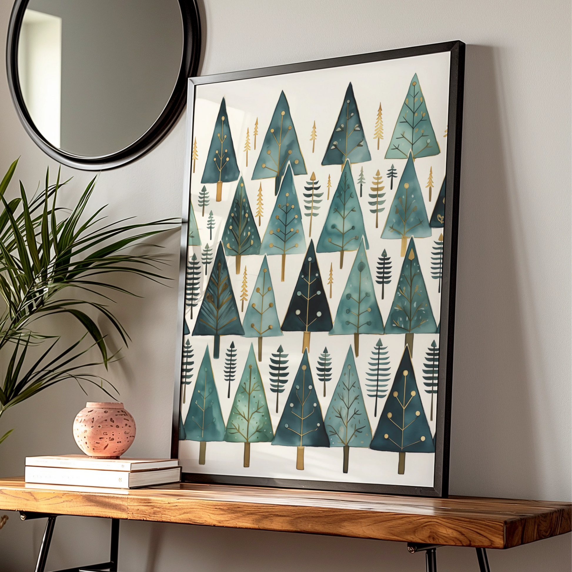 Christmas Tree Poster, Teal Gold Festive Wall Art, Minimalist Xmas Pine Forest Print