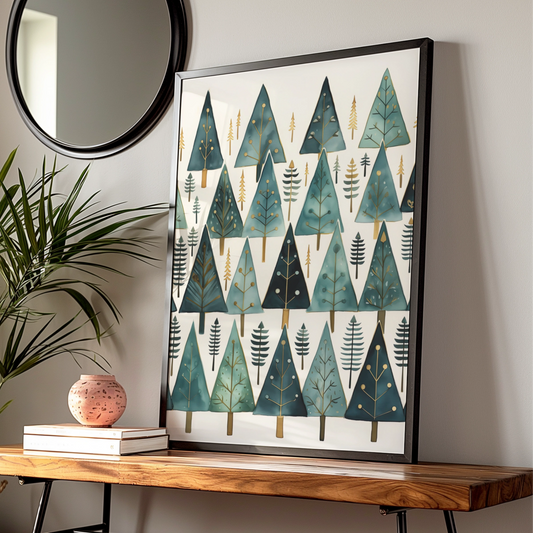 Christmas Tree Poster, Teal Gold Festive Wall Art, Minimalist Xmas Pine Forest Print