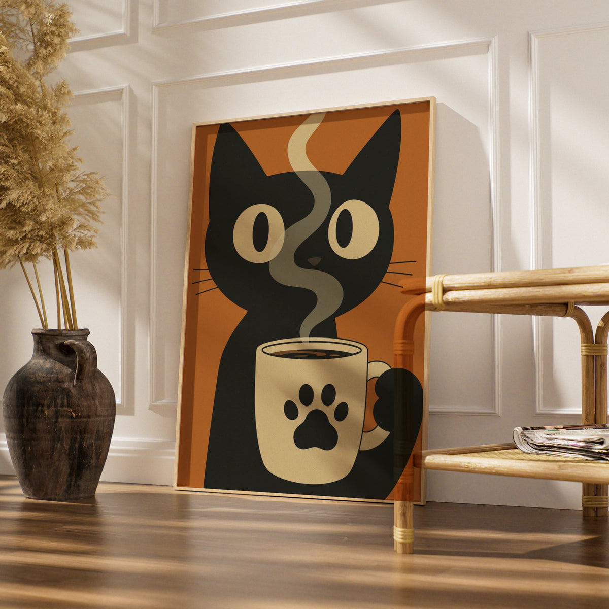 Black Cat Coffee Cartoon Poster, Funny Cat Wall Art, Retro Quirky Print, Kitchen Decor