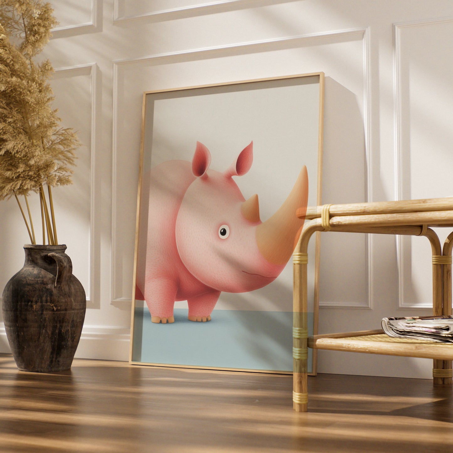 Cute Rhino Nursery Wall Art, Pink Rhinoceros Baby Print, Safari Animal Poster for Kids Room