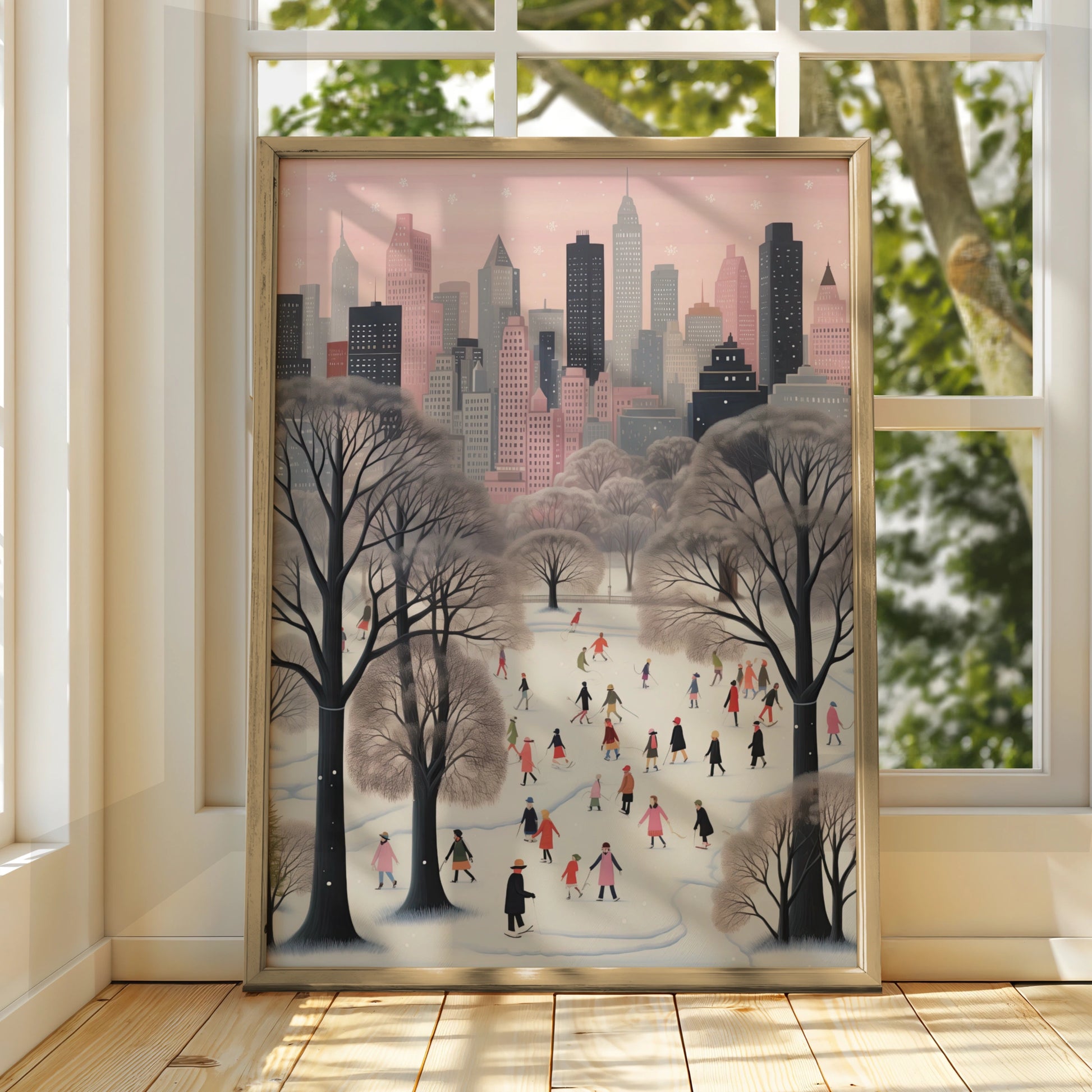 Christmas New York City Winter Poster, Central Park Ice Skating Wall Art Print