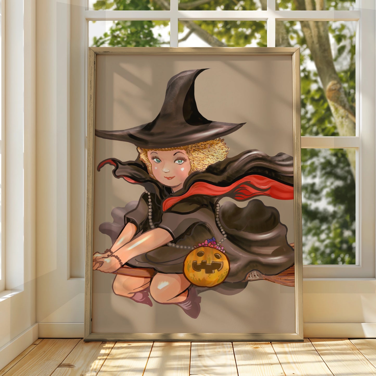 Halloween Witch Poster, Flying Witch Wall Art, Pumpkin Broom Print, Cute Witch Illustration