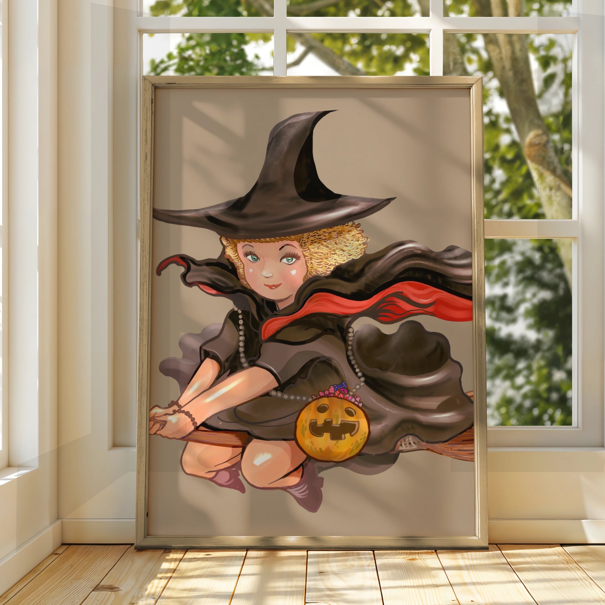 Halloween Witch Poster, Flying Witch Wall Art, Pumpkin Broom Print, Cute Witch Illustration