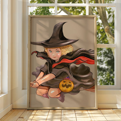 Halloween Witch Poster, Flying Witch Wall Art, Pumpkin Broom Print, Cute Witch Illustration