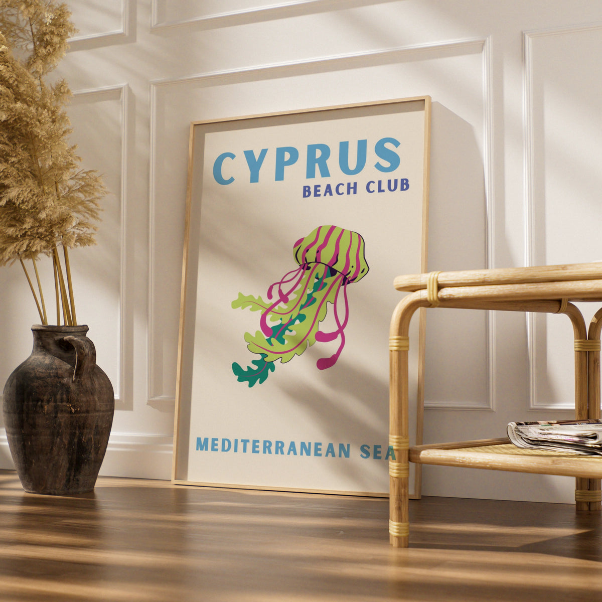 Cyprus Travel Poster, Mediterranean Sea Beach Wall Art, Retro Jellyfish Print