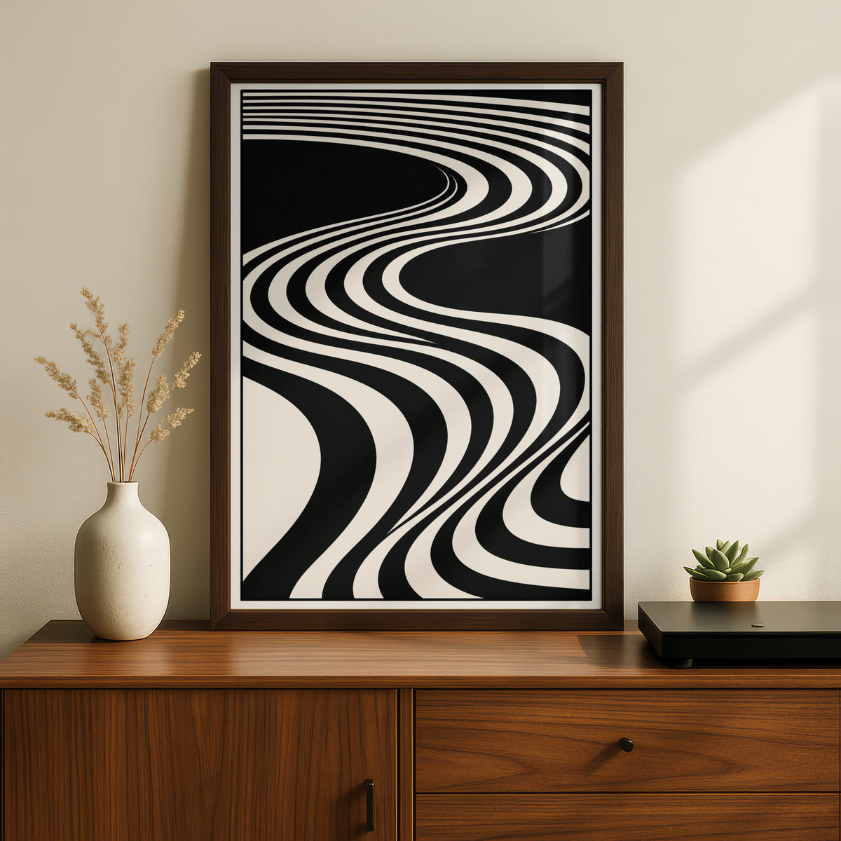 Abstract Wave Lines Print, Monochrome Wall Art, Black and White Minimalist Poster, Op Art Decor