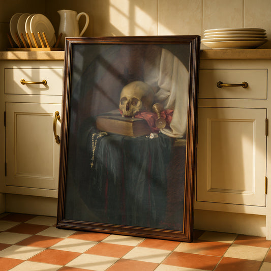 Vanitas Skull Still Life Halloween Art Print, Gothic Memento Mori Poster, Dark Academia Wall Art