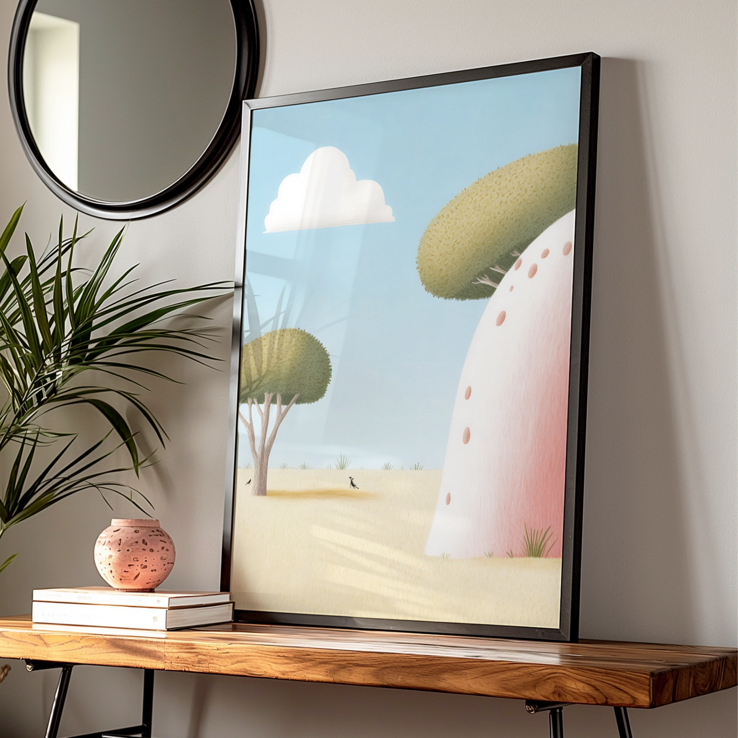 Nursery Wall Art Mushroom Print, Whimsical Pastel Poster, Kids Room Decor, Dreamy Landscape Children