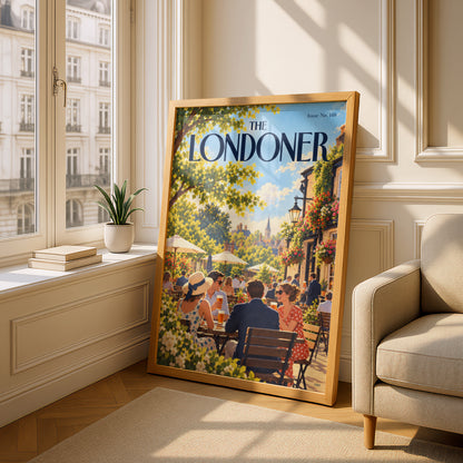 London Pub Garden Poster, Summer Beer Garden Wall Art, Vintage Magazine Cover Style Illustration