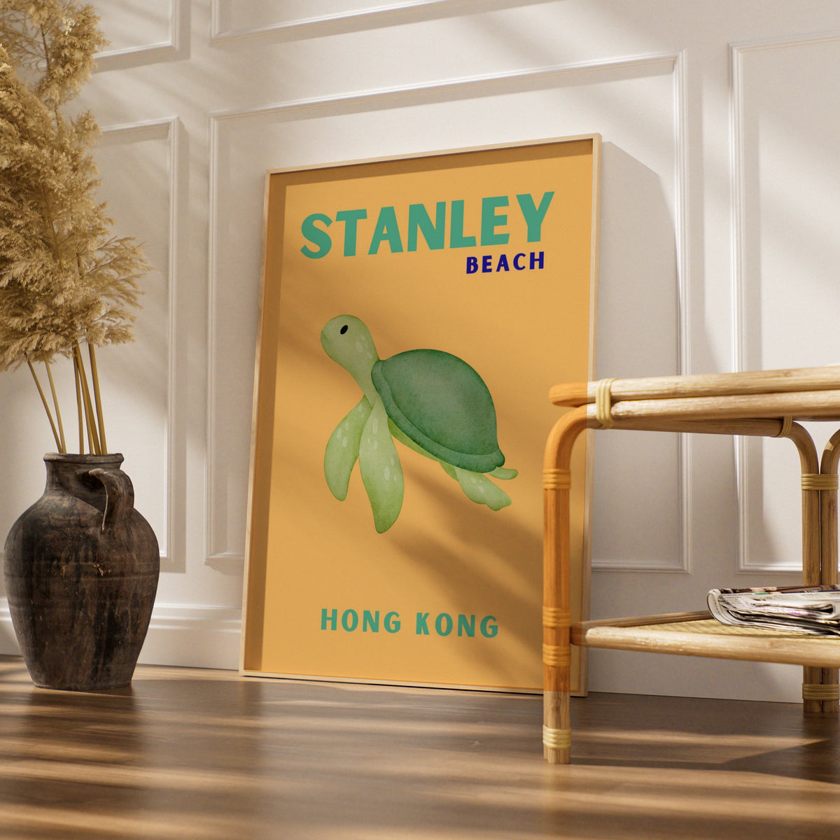 Stanley Beach Hong Kong Travel Poster, Sea Turtle Wall Art, Retro Coastal Print