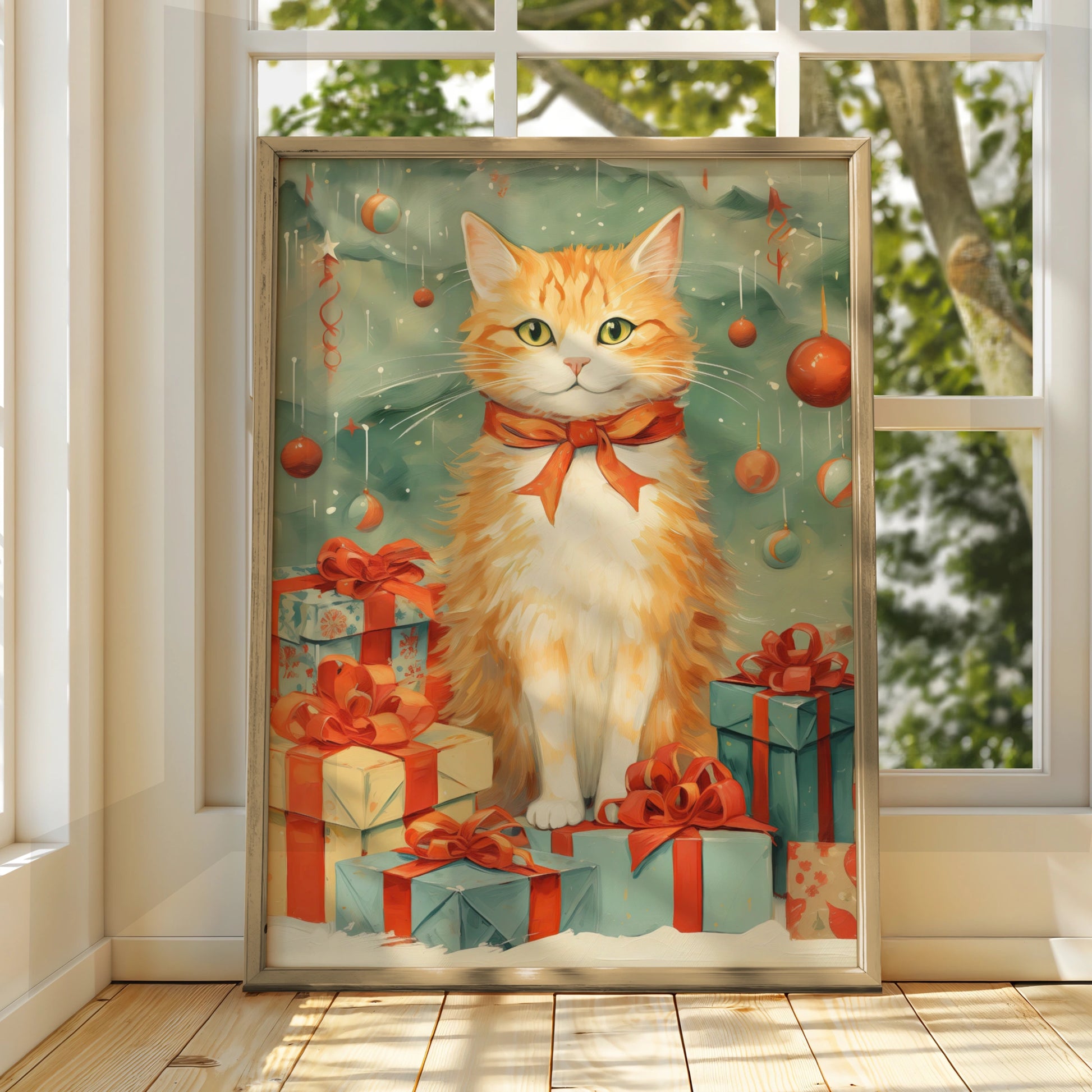 Christmas Cat Poster, Ginger Cat Art Print, Festive Xmas Wall Art, Holiday Gift Decor