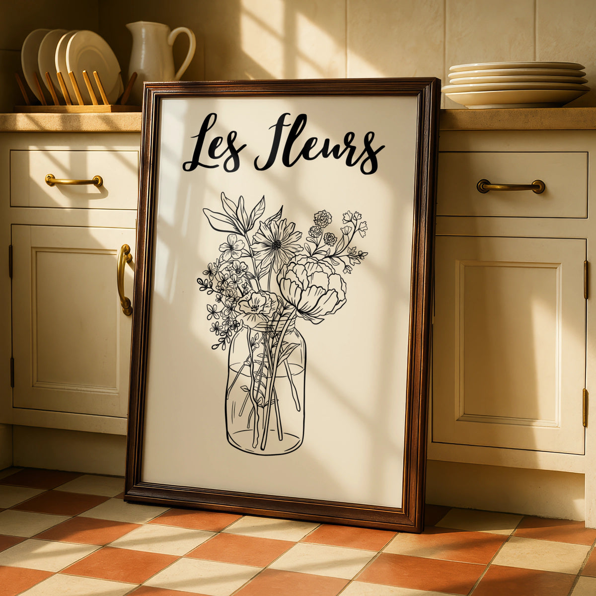 Les Fleurs Botanical Flower Poster, Wildflower Bouquet Wall Art, French Floral Print, Beige