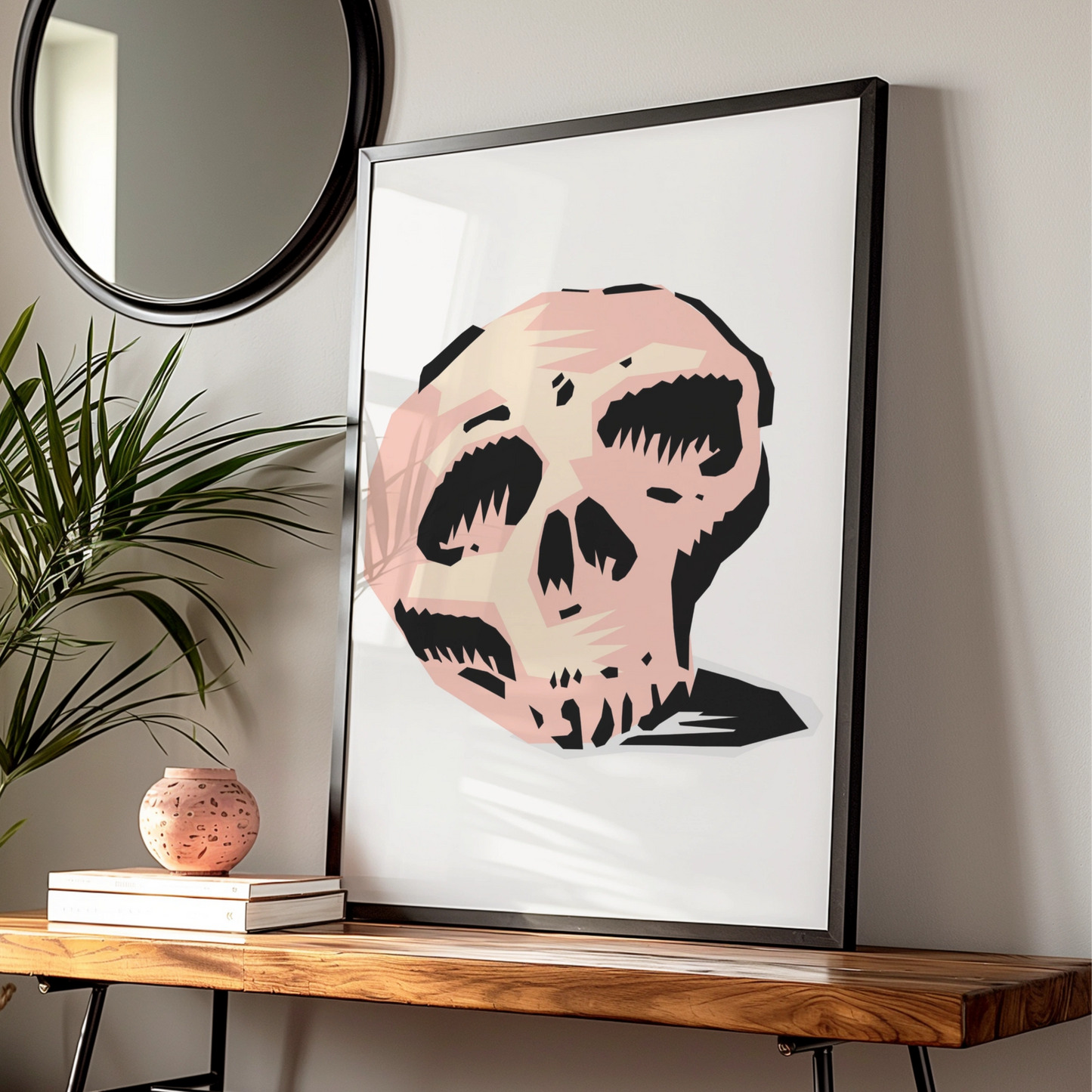 Halloween Skull Poster, Spooky Skull Wall Art, Pink Black Graphic Horror Print, Gothic Decor