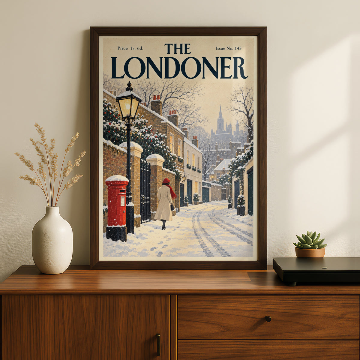 Vintage London Winter Street Poster, Snowy Wall Art, Red Post Box Art Print, Christmas Gift
