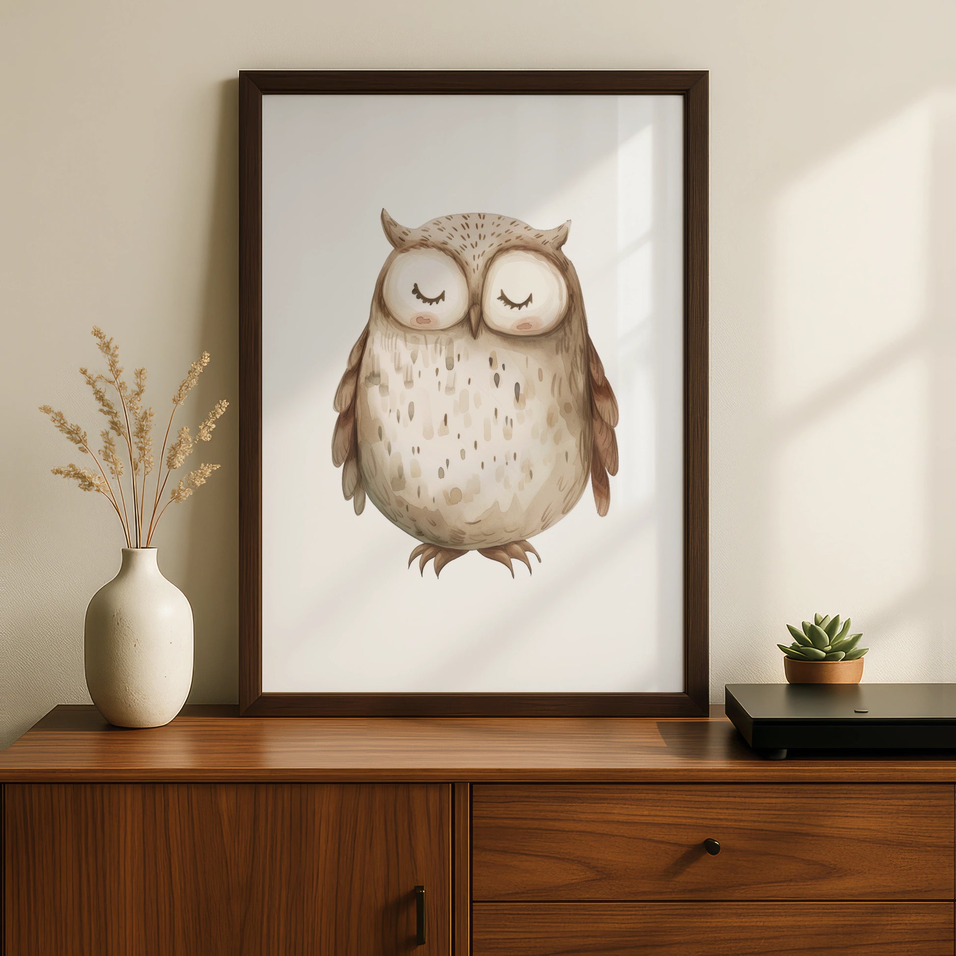 Nursery Owl Wall Art Print, Cute Watercolour Baby Poster, Woodland Animal Decor