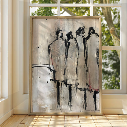 Abstract Figure Group Monochrome Wall Art, Black and White Modern Poster, Neutral Gallery Print