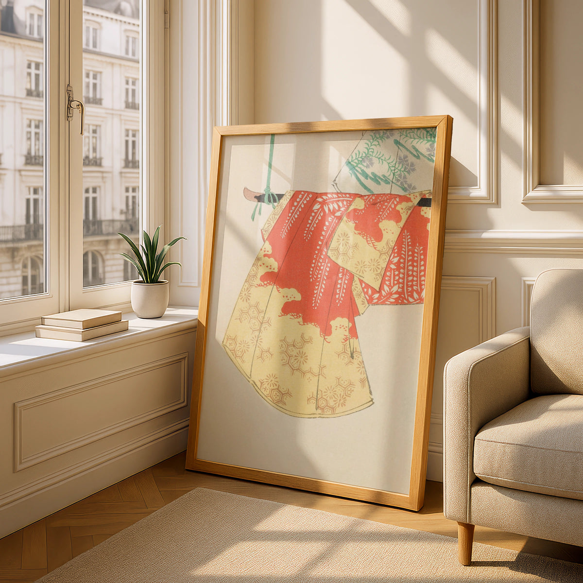 Vintage Japanese Kimono Art Print, Bijutsukai 1901 Woodblock Wall Art, Japandi Poster – A5 Oak frame