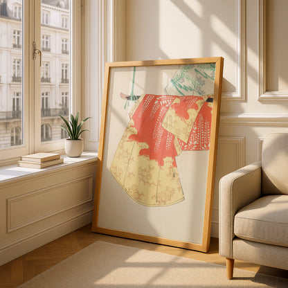 Vintage Japanese Kimono Art Print, Bijutsukai 1901 Woodblock Wall Art, Japandi Poster – A5 Oak frame