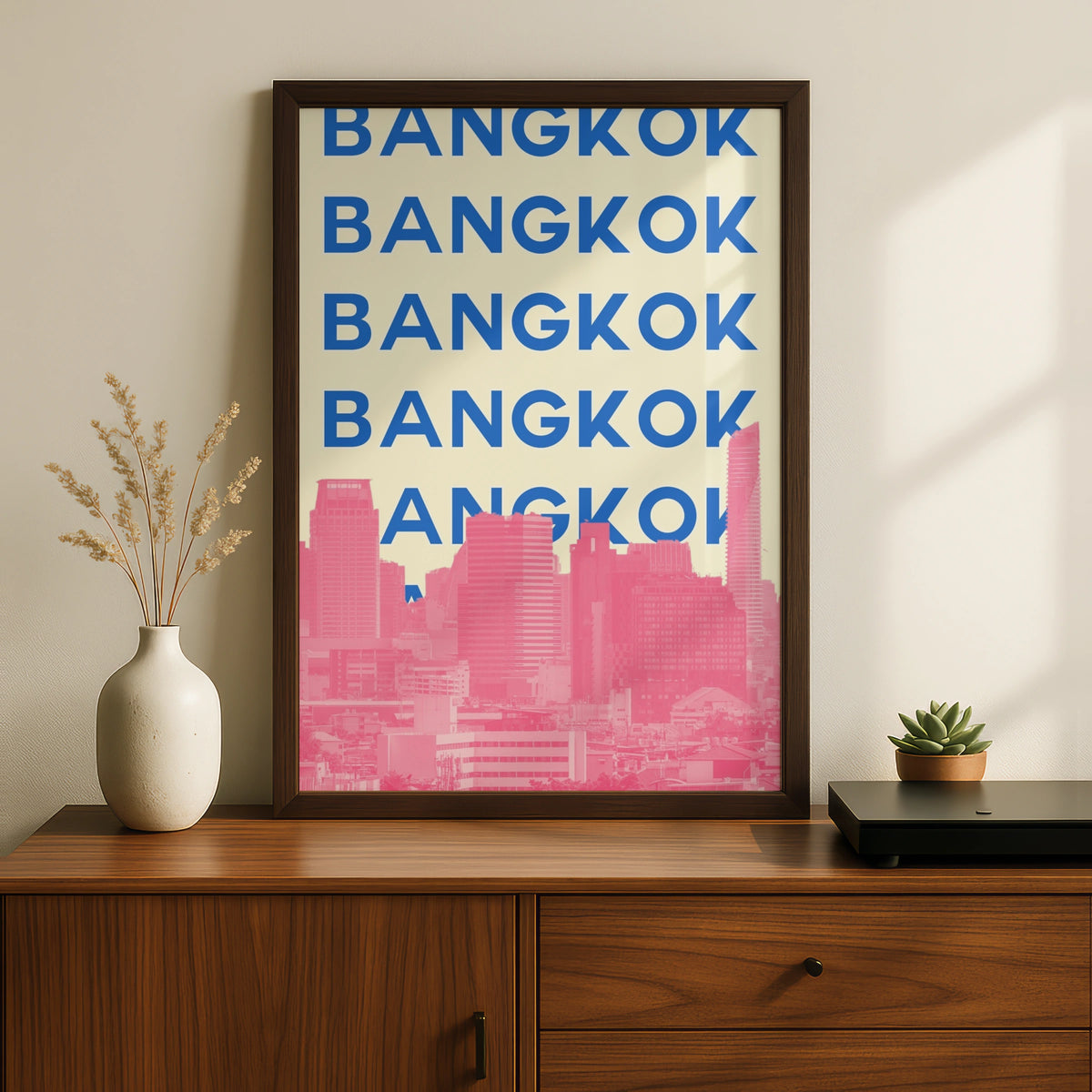 Bangkok Travel Poster, Thailand City Wall Art, Retro Skyline Print, Bold Typography Decor