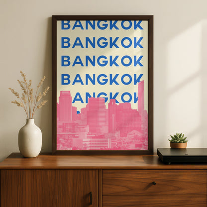 Bangkok Travel Poster, Thailand City Wall Art, Retro Skyline Print, Bold Typography Decor