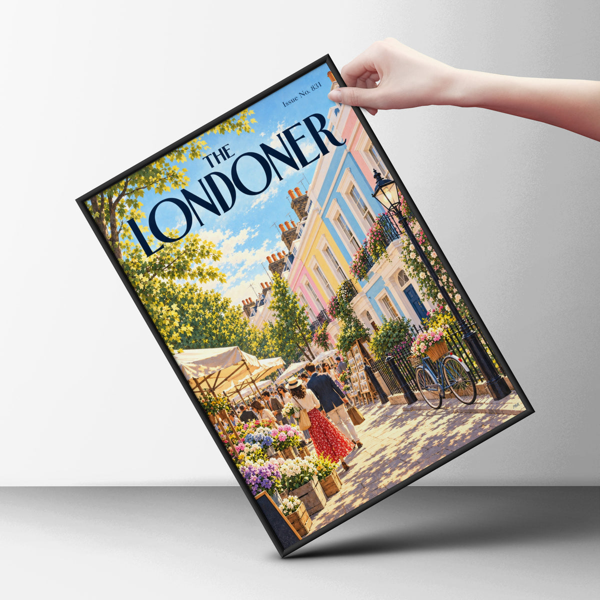 London Street Poster, Pastel Townhouses Flower Market Wall Art, Summer Illustrated Magazine Cover