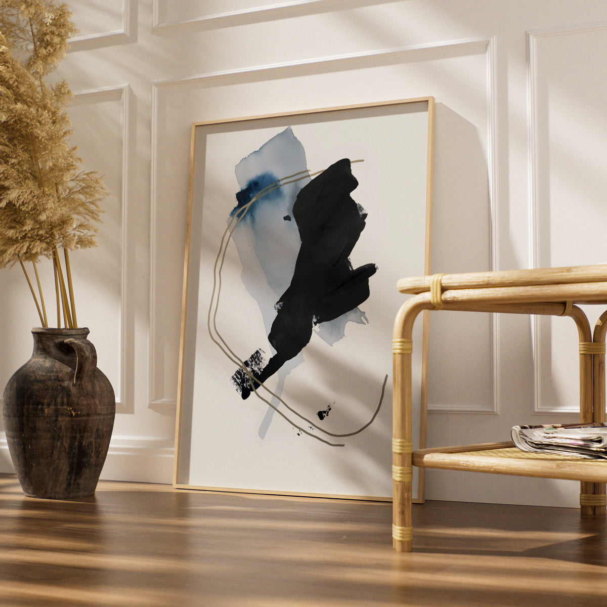Abstract Monochrome Wall Art, Black Blue Gold Brush Stroke Print, Modern Poster