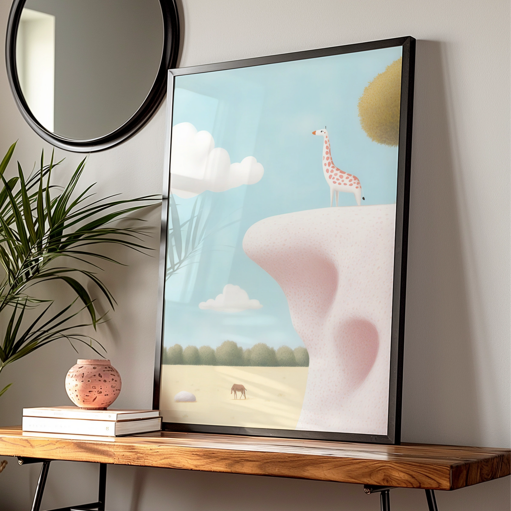 Giraffe Nursery Wall Art, Safari Animal Print, Cute Kids Room Poster, Pastel Blue Pink