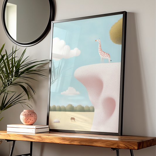 Giraffe Nursery Wall Art, Safari Animal Print, Cute Kids Room Poster, Pastel Blue Pink
