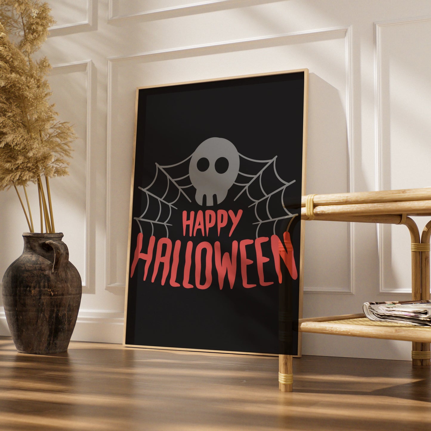 Happy Halloween Skull Spider Web Poster, Spooky Wall Art, Black Pink Halloween Print