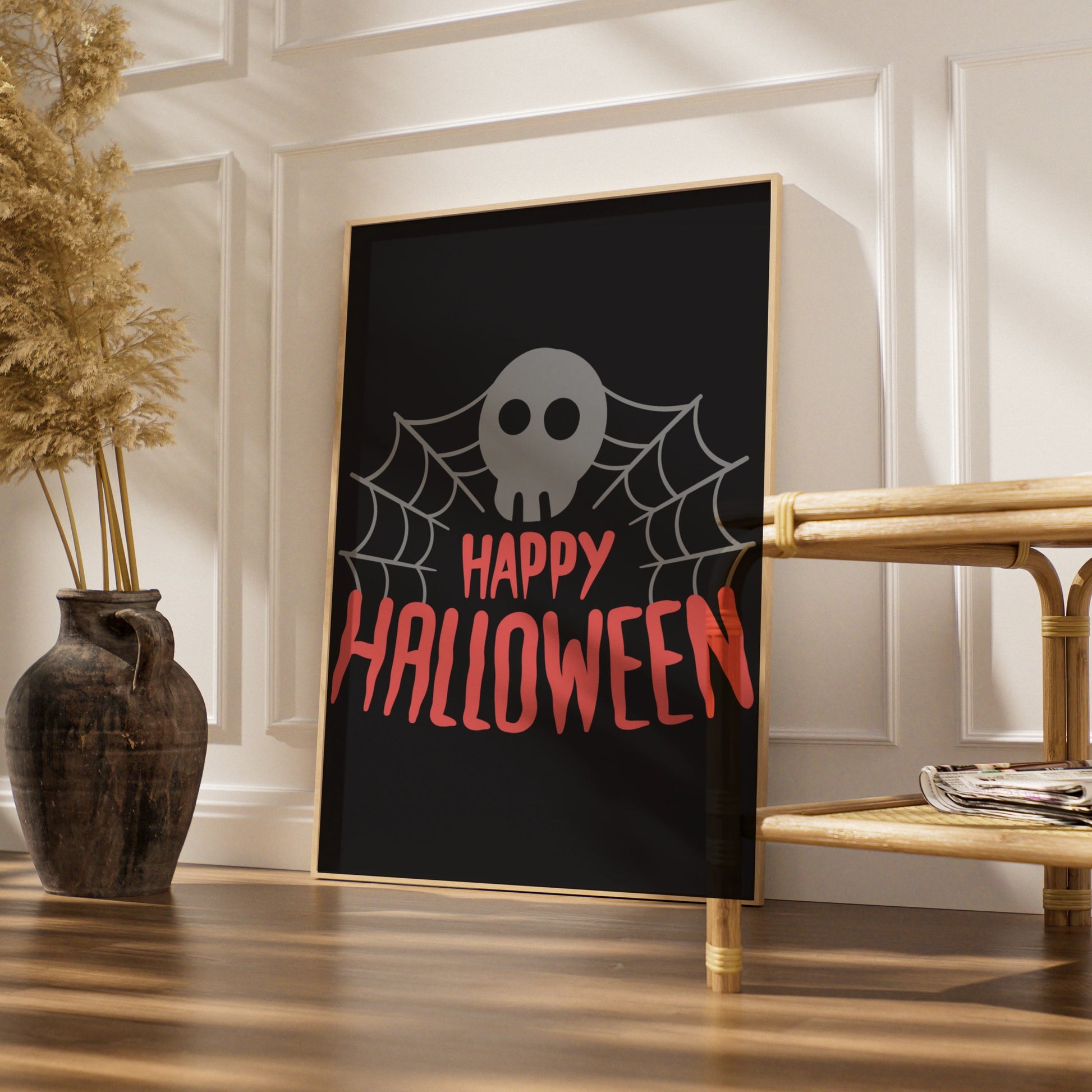 Happy Halloween Skull Spider Web Poster, Spooky Wall Art, Black Pink Halloween Print