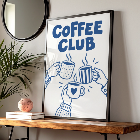 Coffee Club Cartoon Poster, Funny Coffee Print, Blue Kitchen Wall Art, Quirky Mug Print — Digital Download