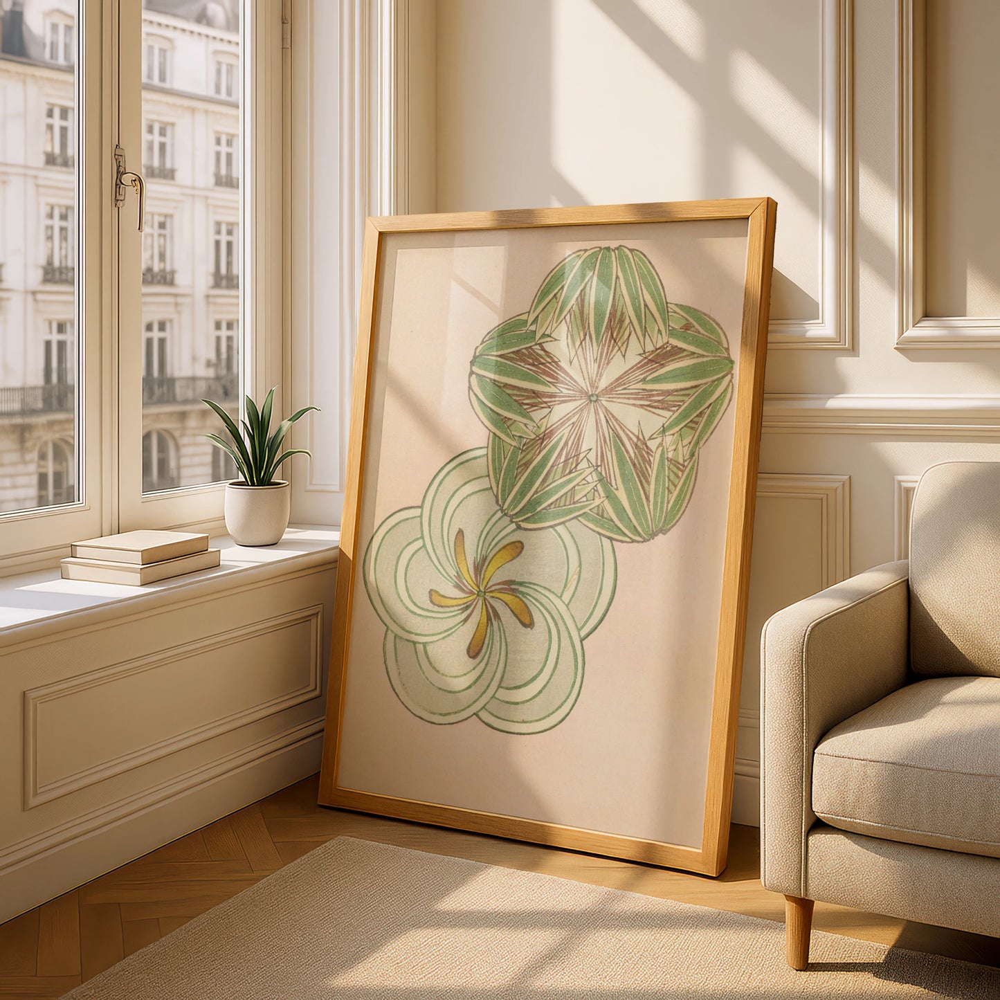 Japanese Botanical Print, Vintage Woodblock Wall Art, Bijutsukai 1901, Japandi Floral Poster – A5 Oak frame