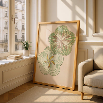 Japanese Botanical Print, Vintage Woodblock Wall Art, Bijutsukai 1901, Japandi Floral Poster – A5 Oak frame